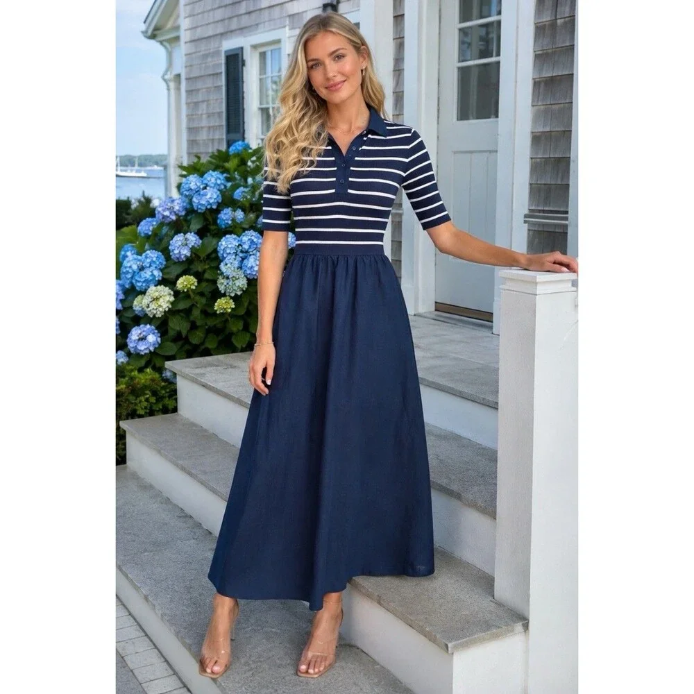 J Crew Polo Midi Dress Womens XS Blue Striped Collared Fit Flare Coastal CR821